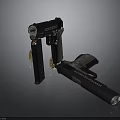 Black Handgun With Magazines Bullets And Disassembled Parts On Dark Surface