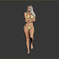 Woman in yellow bikini long white hair crossed arms one leg lifted gray black background