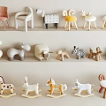 Colorful Animal Shaped Stools Including Rocking Horses And Minimalist Designs On Display Shelves