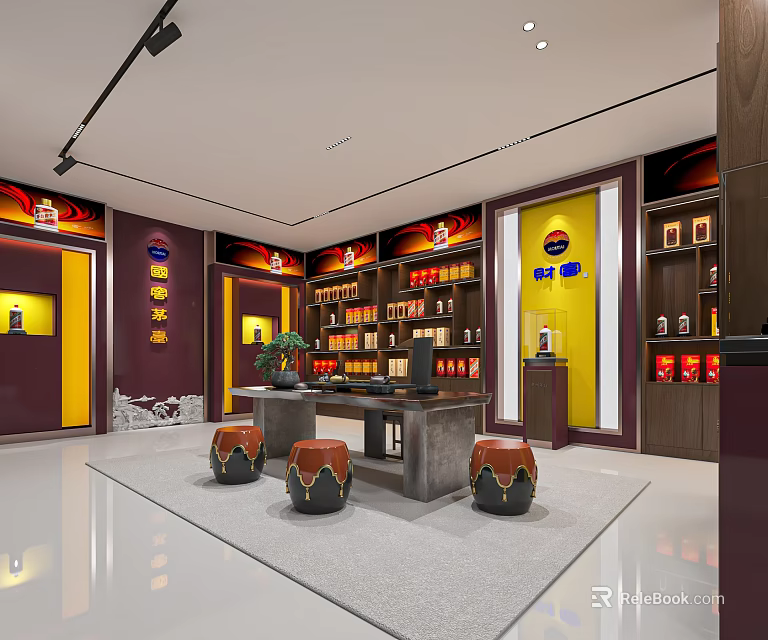 Traditional Chinese Style Tobacco and Liquor Store With Shelves Displaying Alcohol Tea and Tobacco Products 3d model 