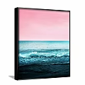 Serene Coastal Landscape Painting With Pink Sky Blue Ocean And Rolling Waves