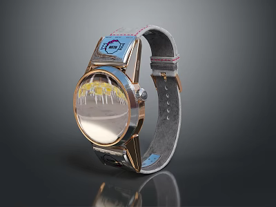 Stylish Wristwatch With Gray Leather Strap And Golden Round Dial Design 3d model