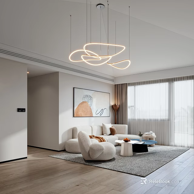 Modern Living Room With Circular Chandelier Cozy Sofa And Artwork 3d model 