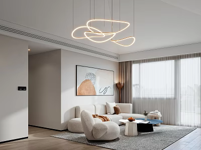 Modern Living Room With Circular Chandelier Cozy Sofa And Artwork 3d model