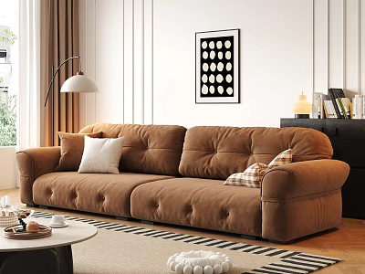 Brown Plush Double Sofa With Throw Pillows Floor Lamp And Coffee Table In Living Room 3d model