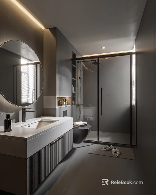 Modern Bathroom Interior With Round Mirror Gray Tones Vanity And Glass Shower 3d model 