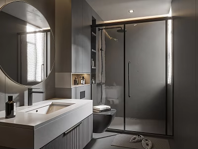 Modern Bathroom Interior With Round Mirror Gray Tones Vanity And Glass Shower 3d model