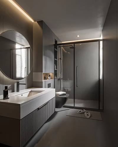 Modern Bathroom Interior With Round Mirror Gray Tones Vanity And Glass Shower 3d model