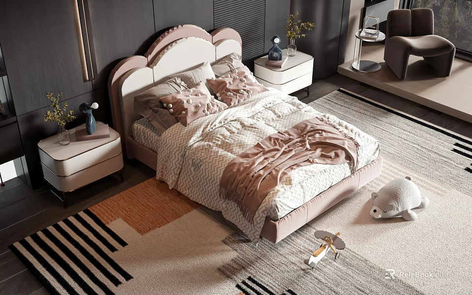 Cozy Kids Bed with Pink and White Headboard Soft Bedding and Plush Toy on Carpet 3d model 