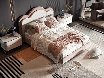 Cozy Kids Bed with Pink and White Headboard Soft Bedding and Plush Toy on Carpet 3d model