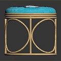 Blue Cushioned Rattan Stool With Round Frame And Curved Legs Design