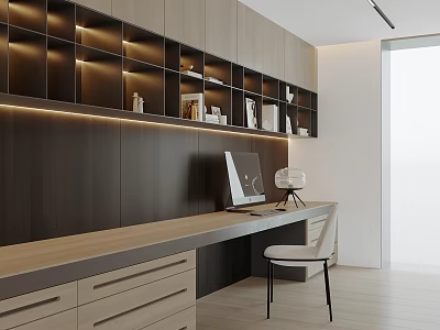 Modern Study Room Interior Design With Lit Dark Shelves Wooden Desk And Computer Chair 3d model
