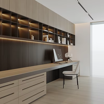 Modern Study Room Interior Design With Lit Dark Shelves Wooden Desk And Computer Chair 3d model