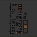 Black And Orange Industrial Equipment Components With Connectors Tracks And Circular Parts On Gray Platform