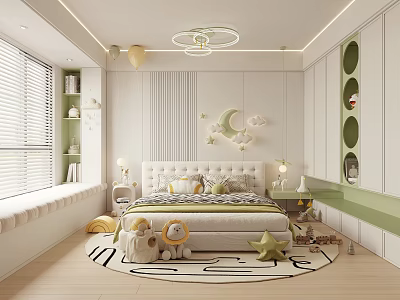 Kids Bedroom Interior With Moon Star Decor Bed Pillows Toys Rug And Circular Wall Accents 3d model
