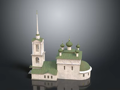 Cartoon Scene of White Building with Green Domes Tall Spire Green Roof and Windows 3d model