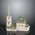Cartoon Scene of White Building with Green Domes Tall Spire Green Roof and Windows