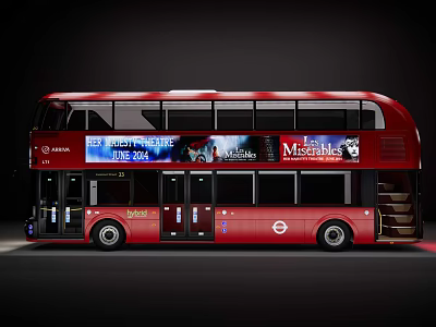Red Double Decker Bus With Red Exterior Large Windows And Advertisements On Side Panels 3d model