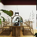 Chinese Style Display Space With Blue And White Porcelain Calligraphy And Green Plants