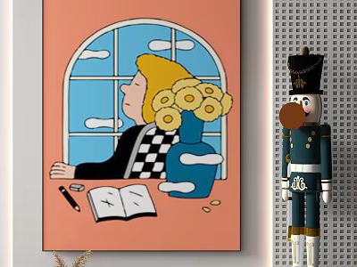 Blonde Figure Looking Out Window With Blue Vase Yellow Flowers Book Pen And Nutcracker Doll 3d model