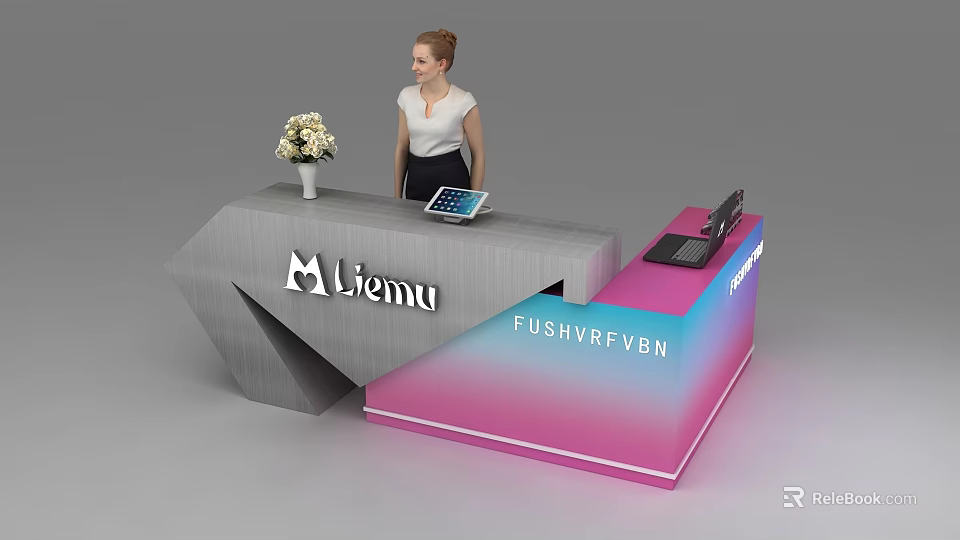 Modern Reception Desk with Receptionist Flower Vase and Tablet Brand Logos on Front Panel 3d model 