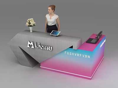 Modern Reception Desk with Receptionist Flower Vase and Tablet Brand Logos on Front Panel 3d model