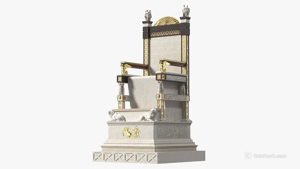 Luxurious Ornate Classical Chair With Gold Decorations And Carved Stone Pedestal Base 3d model 