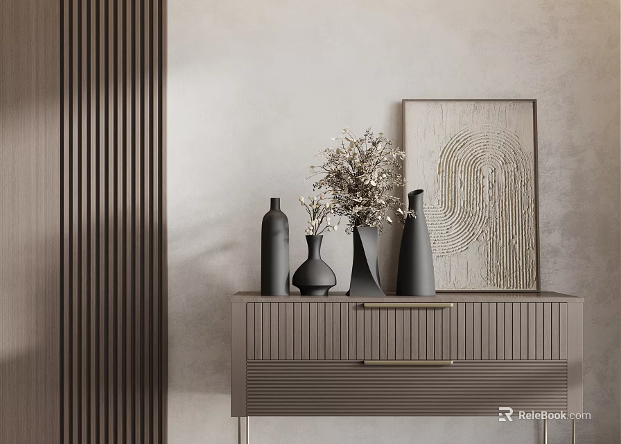 Modern Decorative Ornament Set With Black Vases Dried Flowers And Decorative Artwork On Console Table 3d model 