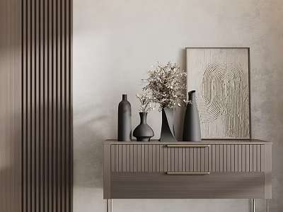 Modern Decorative Ornament Set With Black Vases Dried Flowers And Decorative Artwork On Console Table 3d model