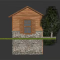Wooden Cabin With Solar Panels On Roof Wooden Fence Grass Lawn Tree And Shrubs