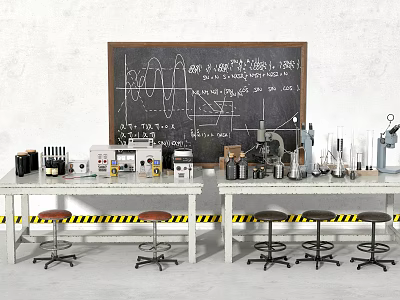 Science Laboratory Setup With Blackboard Scientific Formulas Lab Tables Equipment Stools And Caution Tape 3d model