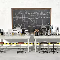 Science Laboratory Setup With Blackboard Scientific Formulas Lab Tables Equipment Stools And Caution Tape