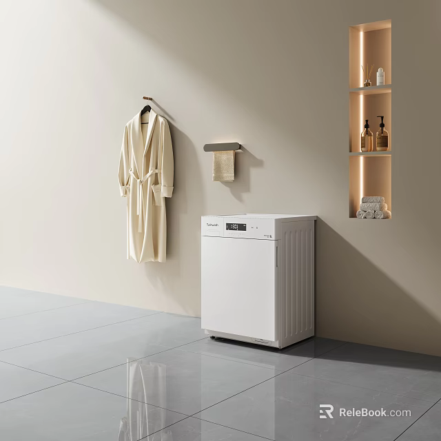 White Washing Machine in Modern Laundry Room with Hanging Robe Towel Rack and Wall Niche 3d model 