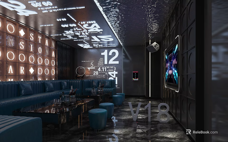 Modern KTV Interior Design With Digital Elements Sofas Screens And Ambient Lighting 3d model