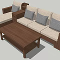 Light Colored Sectional Sofa With Gray Pillows And Wooden Coffee Table 3d model