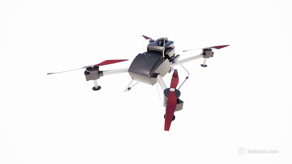Smart Drone With Four Propellers Red Rotors And Silver Black Body Structure Features 3d model 