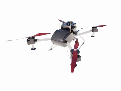 Smart Drone With Four Propellers Red Rotors And Silver Black Body Structure Features 3d model