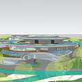 Modern Museum Buildings with Circular Design Surrounded by Greenery and Water Features