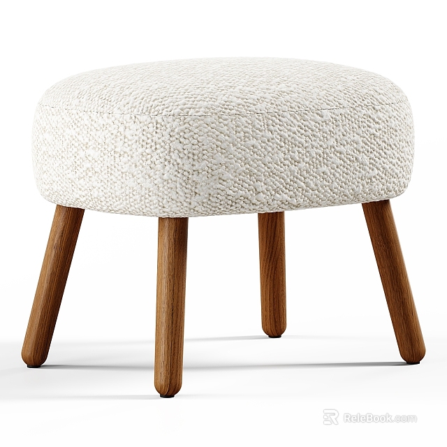 Minimalist Round Sofa Stool With Beige Woven Fabric And Wooden Legs 3d model 