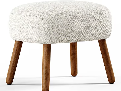 Minimalist Round Sofa Stool With Beige Woven Fabric And Wooden Legs 3d model