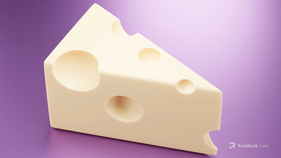 Triangular Pale Yellow Cheese Wedge With Holes On Purple Background 3d model