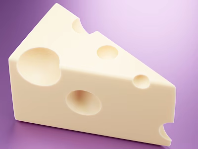 Triangular Pale Yellow Cheese Wedge With Holes On Purple Background 3d model
