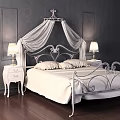Elegant White Iron Double Bed with Canopy Nightstands and Table Lamps on Gray Wall Background