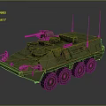 Detailed Green Armored Military Vehicle with Six Wheels Mounted Machine Gun and Antennas