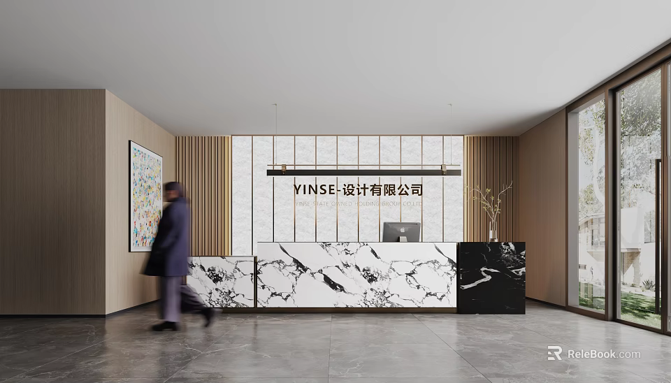 Modern Elegant Company Reception Area With Unique Marble Counter And Warm Wooden Wall Panels 3d model 