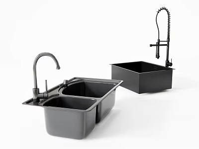 Black Kitchen Sink Double Bowl and Single Bowl With Modern Faucet for Contemporary Kitchen Design 3d model