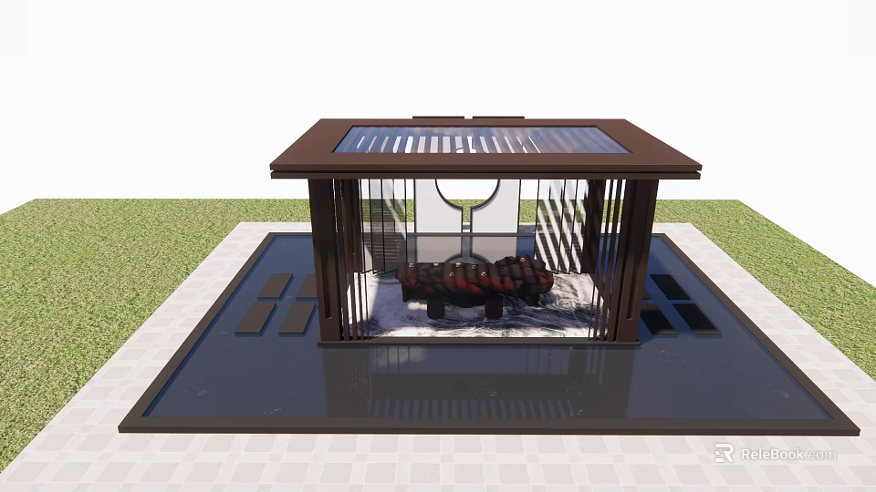 Modern Pergola Design With Transparent Roof Sofa Water Feature Grass And Paved Floor 3d model 