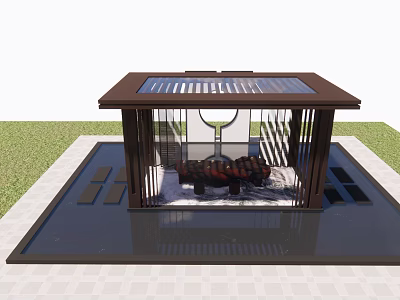 Modern Pergola Design With Transparent Roof Sofa Water Feature Grass And Paved Floor 3d model