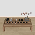 Wooden Frame Glass Top Coffee Table with Tea Set and Red Flower Potted Plant