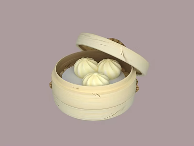 Traditional Bamboo Steamer With Open Lid And Three Fresh Steamed Buns 3d model